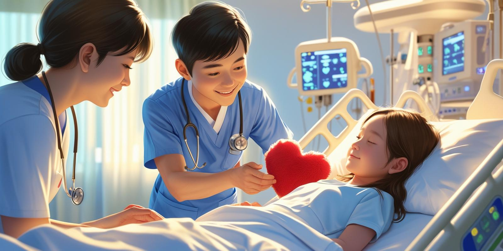 A warm, bright hospital environment with a smiling pediatric nurse gently holding the hand of a child patient lying in a hospital bed. The child looks calm and safe, with a heart plush toy by their side. The scene shows advanced medical equipment in the background, indicating a modern pediatric ICU. Natural light fills the room, conveying hope and care